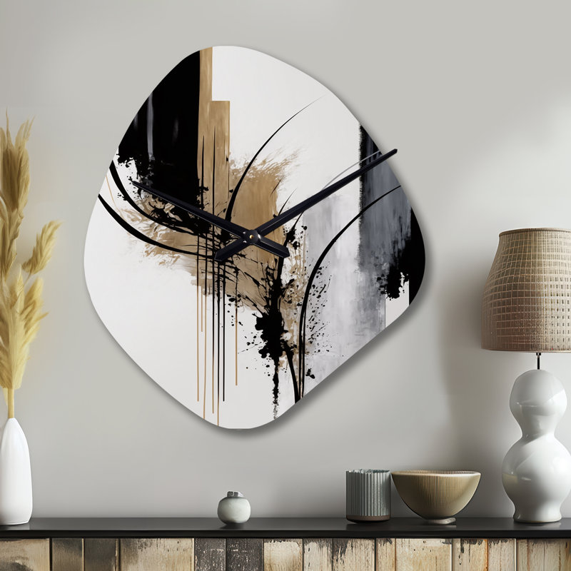 Black, White And Gold Expression II - Asymmetrical Modern Metal Clocks, Irregular shape Metal Wall Clock Print, Petit
