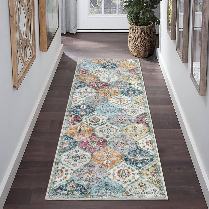 Washable Rug Vintage Distressed Rugs Non-Slip Stain Resistant Area Rug Floor Cover for Bedroom Living Room, Runner 2' x 8'