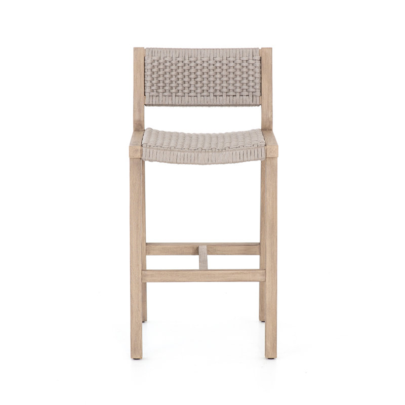 Delano Outdoor Teak Bar Stool, Washed Brown, Bar Stool (29" Seat Height), Gray Rope