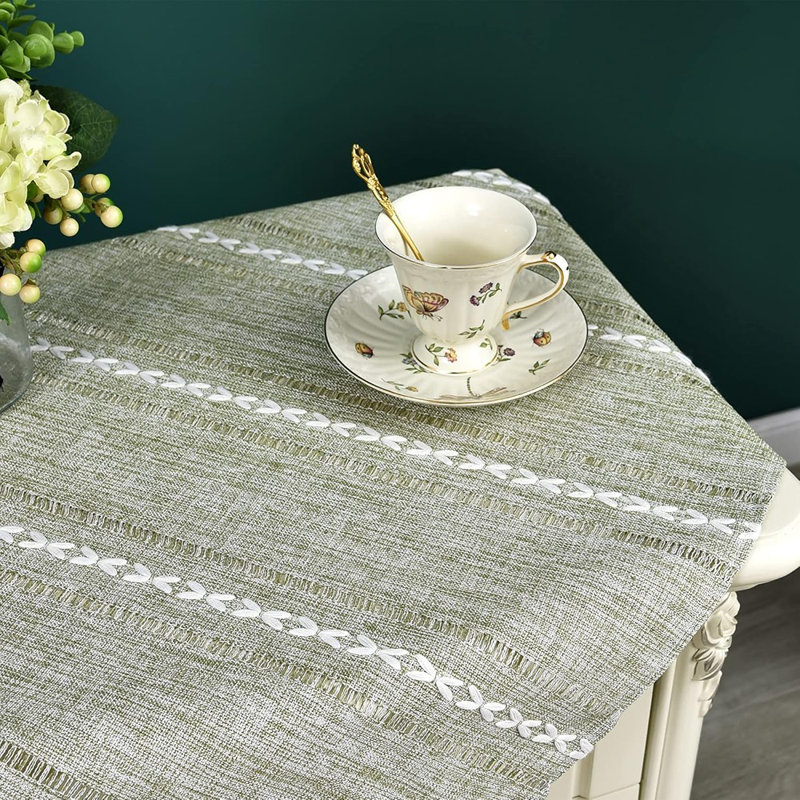 Rustic Farmhouse Embroidered Small Square Tablecloth Jacquard Striped Table Cloth Linen Washable Side Table Cover Kitchen Dining Home Decoration Green 24X24 Inch