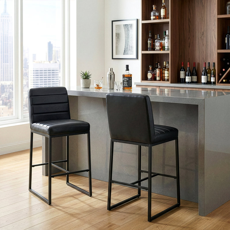 Set of 2 Damylah Faux Leather Counter Stool with Black Metal Legs, Bar Stool (28.30" Seat Height), Black