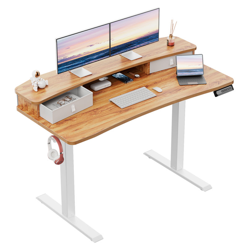 Bureau debout à hauteur ajustable avec tiroirs, compatible avec une fixation en C, avec deux tiroirs, Naturel / Blanc