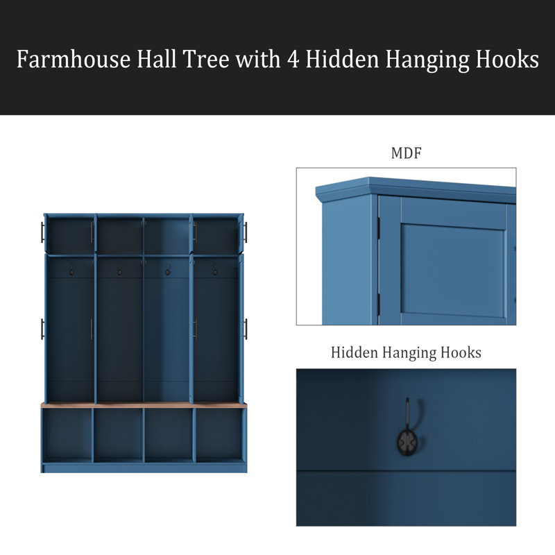 Farmhouse Hall Tree With 4 Hidden Hanging Hooks, Versatile Walnut Seating Bench With 8 Doors, Entryway Shoe Cabinet With Open Compartments For Living Room