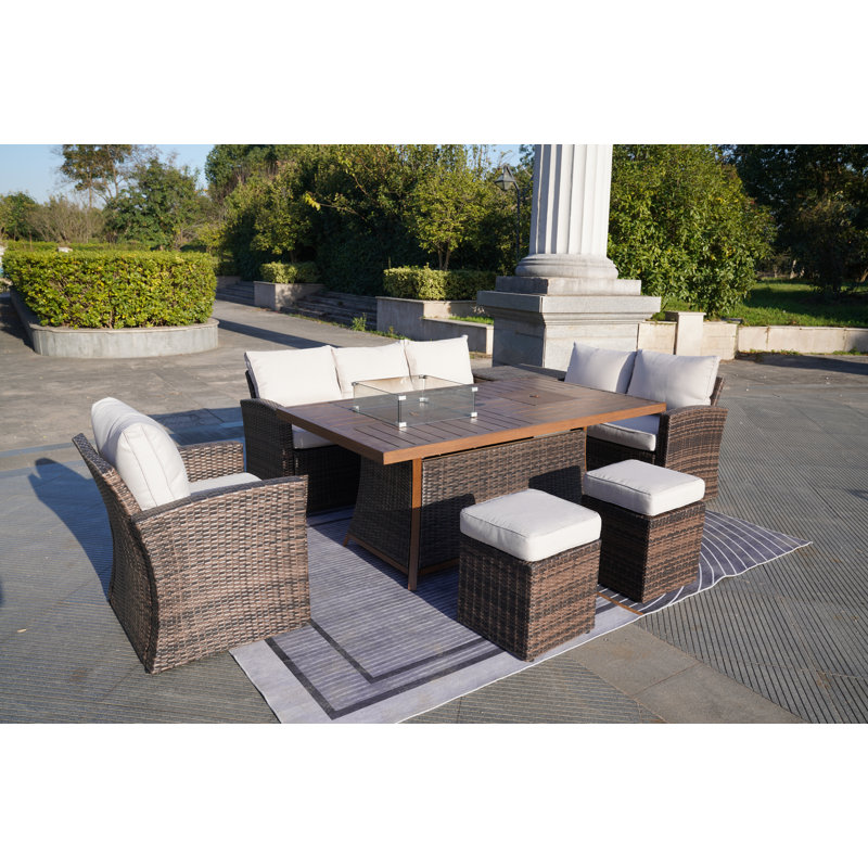 Moda 70 In. X 39 In. X 27 In. Rectangular Wicker Outdoor Gas Fire Pits Dining Set1, Brown