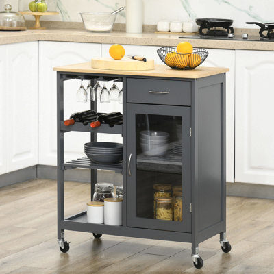 Îlot de cuisine roulant avec rangement, chariot de cuisine avec support à vin pour 4 bouteilles, chariot de bar avec porte-verres à pied, tablettes, tiroir et armoire