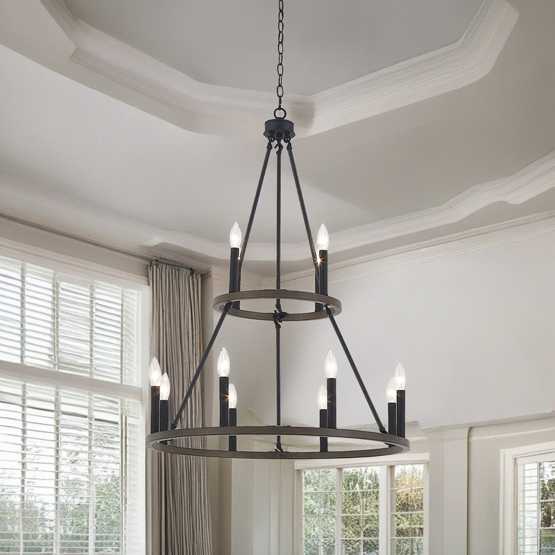 Finchley 12 - Light Living Room Steel Dimmable Candle Style Wagon Wheel Chandelier UL Certified, Walnut