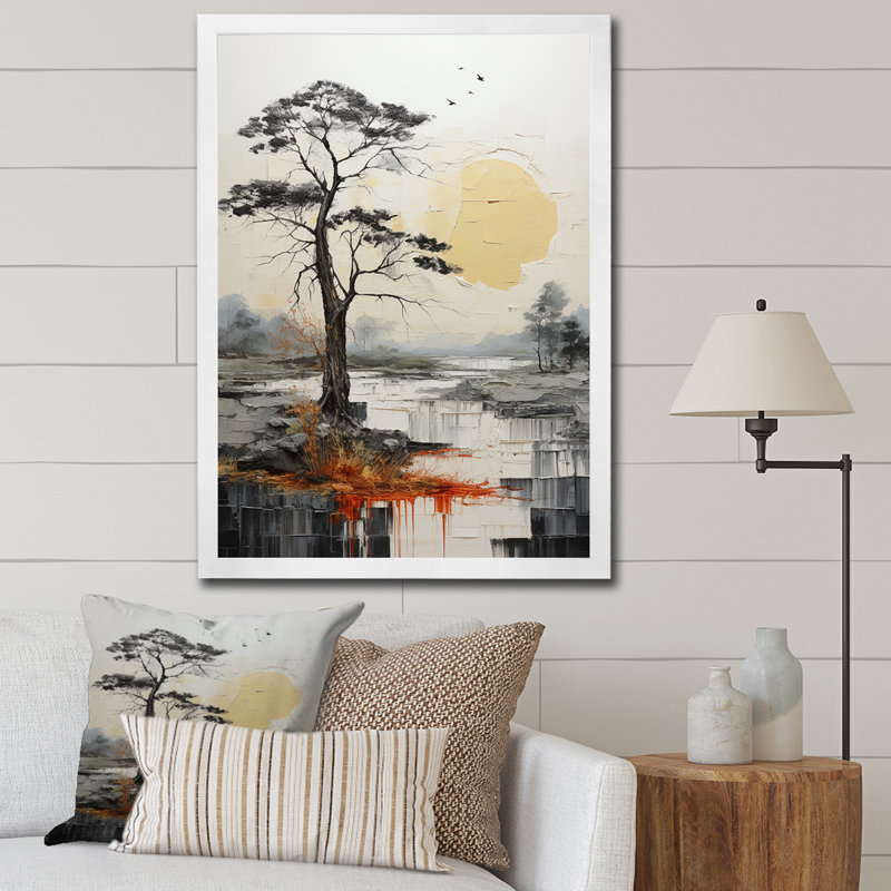 «Maedot Grey Yellow Minimalisme Tree Solitude III», reproduction sur toile, Cadre photo blanc, H 32 po x l 16 po x P 1 po