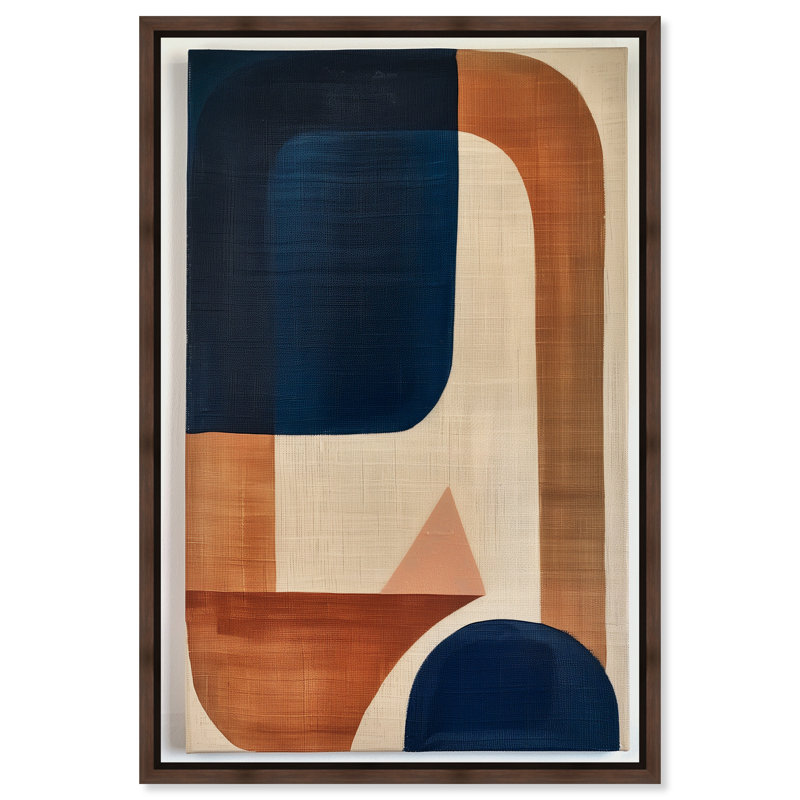 Art mural abstrait bleu avec toile crème Mid-Century par Art Remedy, Cadre noir, H 25 po x l 17 po