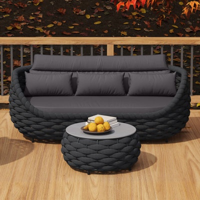 Canapé d'extérieur en aluminium textilène à 3 places avec coussins et table basse ronde de 14,2 po avec plateau à carreaux en marbre pour table de jardin et bord de piscine entièrement assemblé