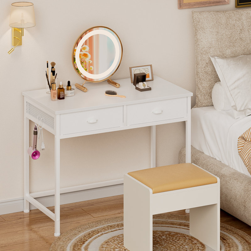 Rececca Writing Desk 35 in. Computer Desk with 2 Fabric Drawers Hooks Vanity Desk for Home Office, White