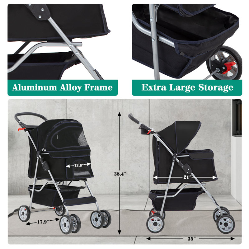Black 4-Wheeled Folding Pet Stroller with Mesh Windows