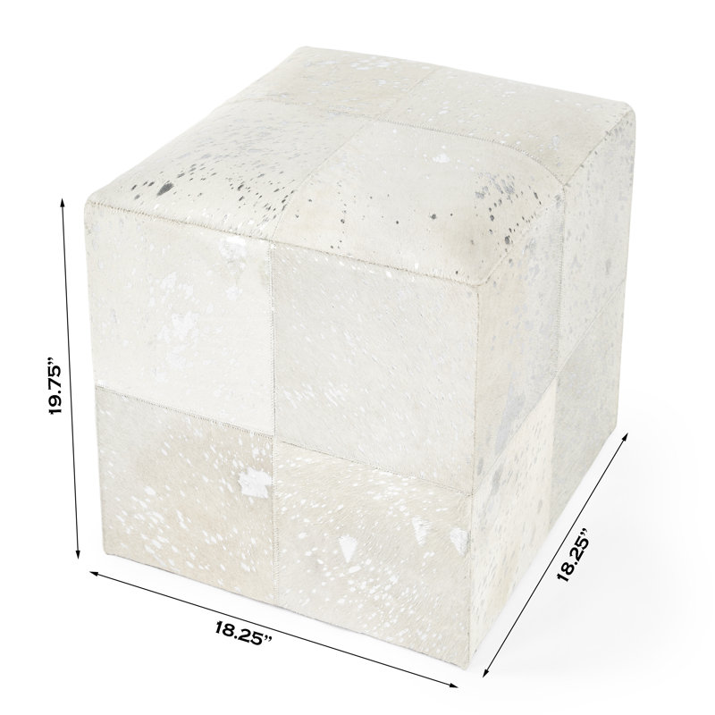 Victorian Hair on Hide with Spots Cube Ottoman, White/Gray Genuine Leather