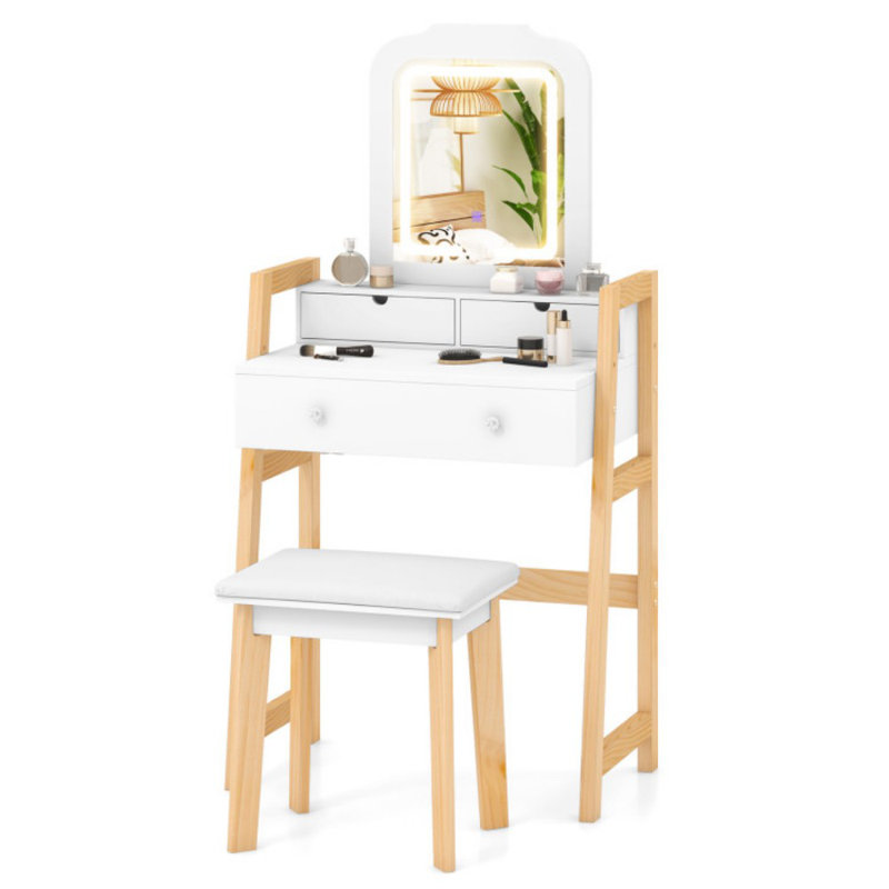 Ensemble de coiffeuse avec miroir à DEL, coiffeuse et tabouret avec 3 réglages de lumière, hauteur réglable