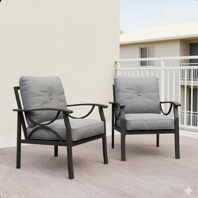 Ensemble de 2 fauteuils en métal toutes saisons, structure kaki avec coussins gris, Gris, Kaki