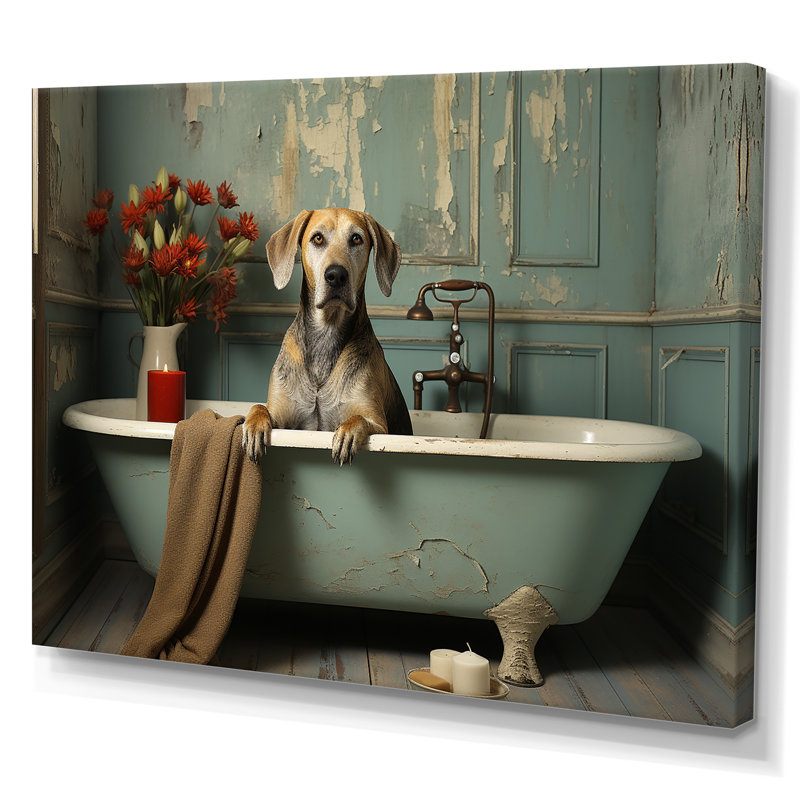 Red Floral Doggy Bath Haven - Art mural de salle de bain, H 30 po x l 40 po x P 1,5 po
