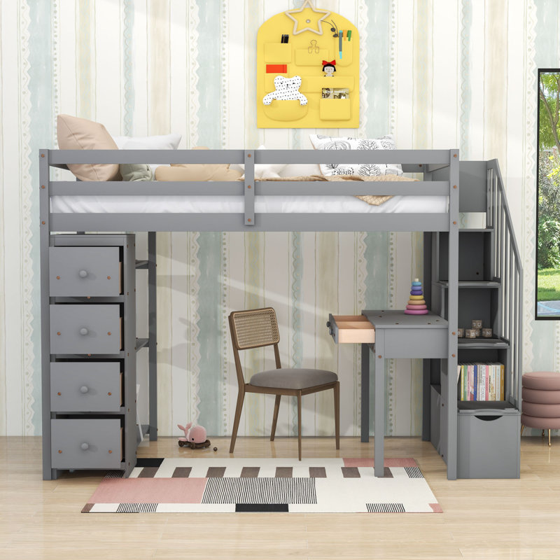6 Drawers Twin Loft Bed With Desk, Shelves, Storage Staircase And Safety Guardrails, Gray