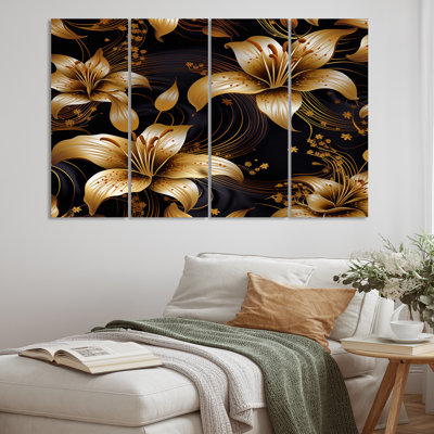 Golden Lily Flower Glam On Black II sur toile, reproduction de 4 pièces