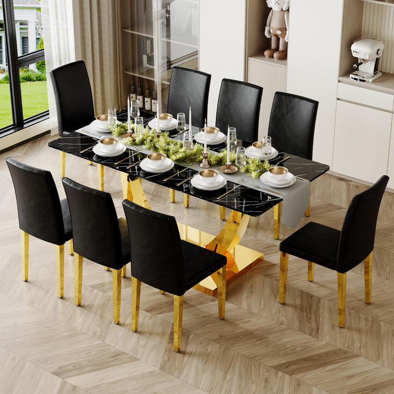 Ensemble de table de salle à manger de luxe avec plateau en verre et chaises en similicuir, ensemble de table de cuisine moderne avec pieds en métal doré