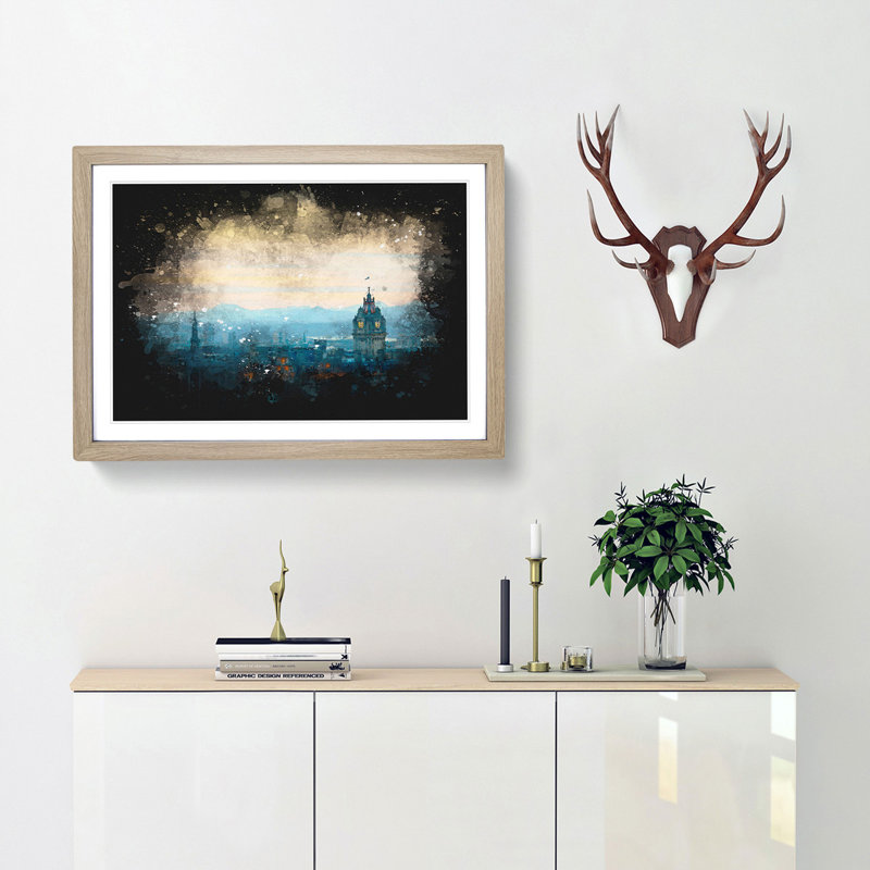 Edinburgh Skyline In Scotland Paint Splash - Picture Frame Graphic Art, Oak Framed, 24cm H x 33cm W x 2cm D