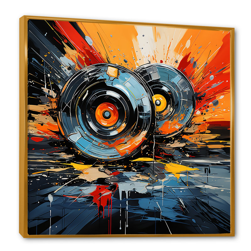 «Vintage Vinyle Music Serenade II», art mural disques vinyles, Cadre flottant doré, H 36 po x l 36 po x P 1,5 po