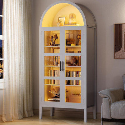Garde-manger arqué 70 po avec lumières DEL et portes en verre, tablette réglable pour la cuisine, le salon et la salle à manger
