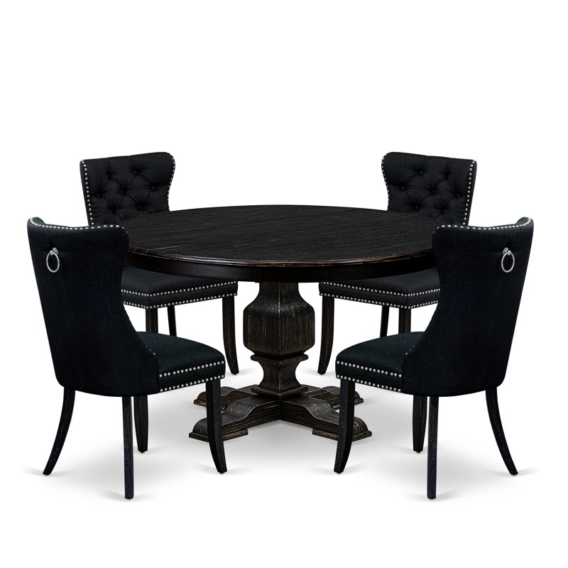 5 Piece Dining Room Set for 4 Contains a 48" Round Table with Pedestal and 4 Black Polyester Fabric Parson Chairs, Sand Blasted Black