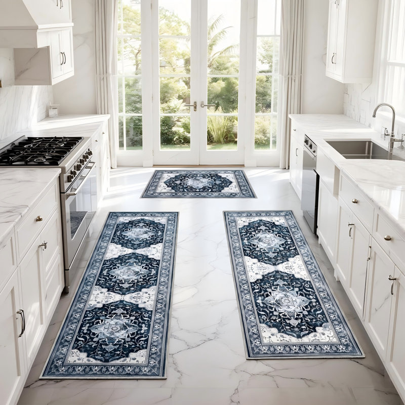 Ensemble de tapis de cuisine antidérapants Boho, 3 pièces (bleu)