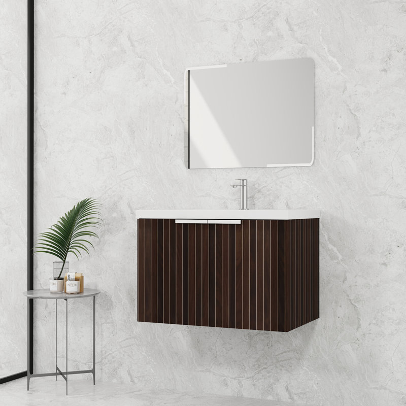 Armoire de salle de bain flottante avec lavabo en résine et porte à fermeture douce