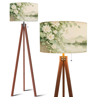  Lampe trépied sur pied élégante à paysage floral blanc avec paysage serein et lac de montagne à intensité variable avec pieds en bois de hêtre et abat-jour en lin détachable