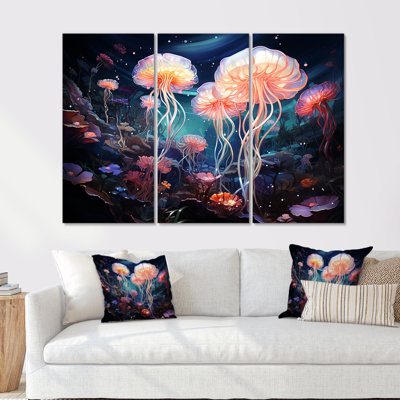 Blue And Pink Jellyfish Dance I - Coastal Coral Under Water Wall Decor Set