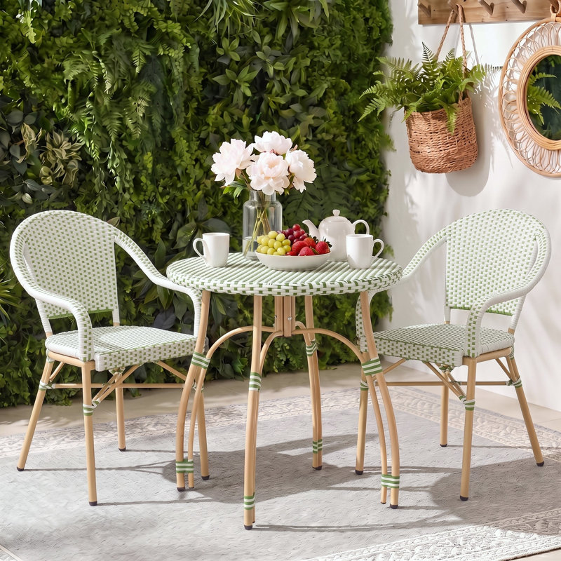 Altesa All Weather Indoor/Outdoor Commercial Patio Dining Sets With Rattan Round Table And Armrest Stacking Chairs, 2, Green