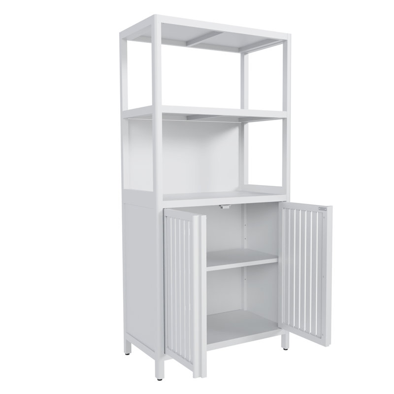 White Bamboo Storage Cabinet, Separate Bathroom Cabinet With 2 Doors, Floor Cabinet Organizer For Living Room, Kitchen, Entrance