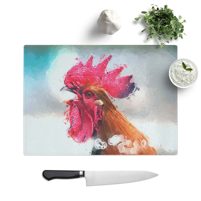 Tempered Glass Portrait of a Rooster Chopping Board, 39 cm W x 28.5 cm L