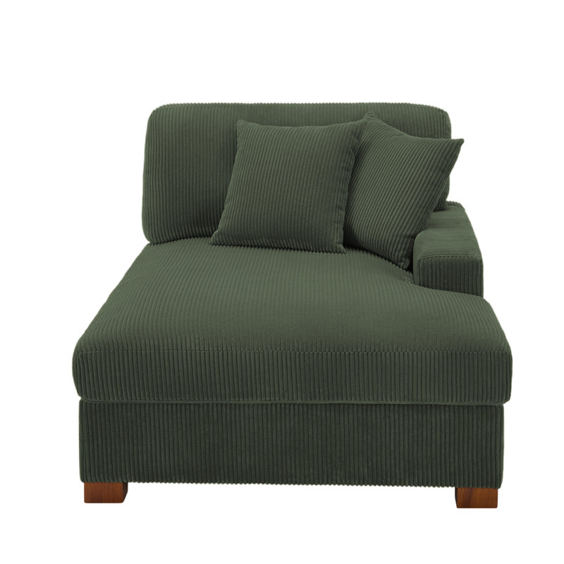 Chaise longue moderne rembourrée avec deux coussins et pieds en bois massif l 42,2 po Yalisa, Gauche, Velours côtelé vert