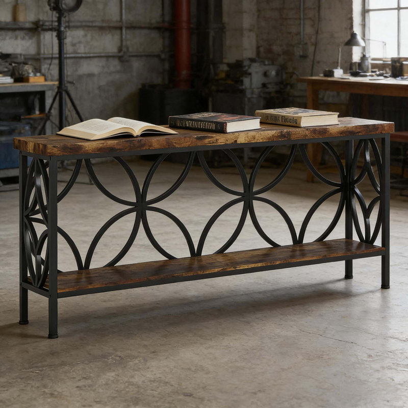 Table basse, canapé industriel, console à 2 niveaux, Brun rustique / noir, brun rustique, Rustic Brown, Noir, brun rustique