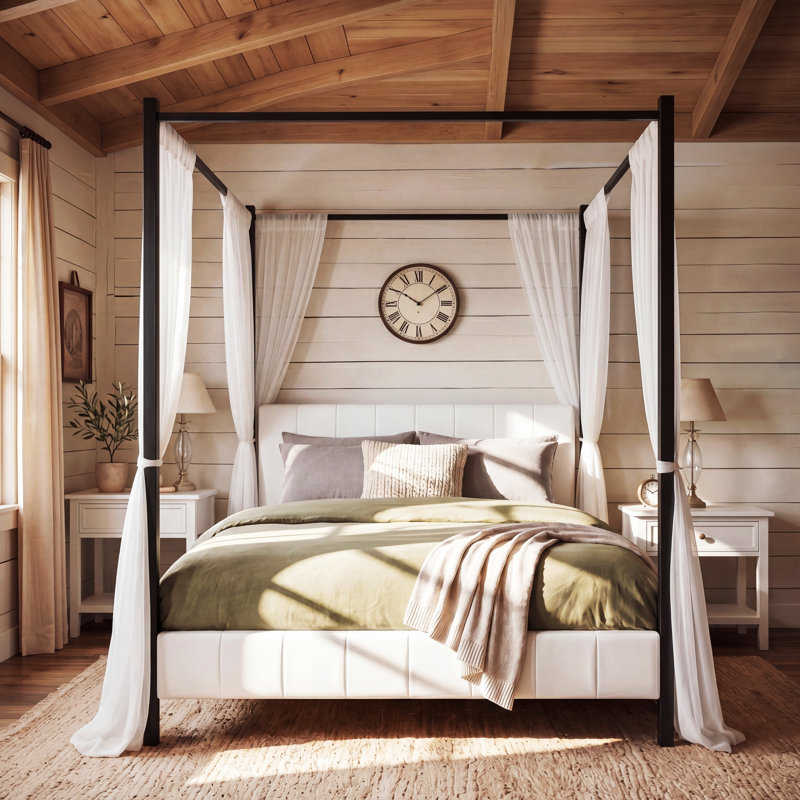 Cadre de lit à baldaquin Avalon Modern Glam avec tête et pied de lit tapissier capitonné Channel, Grand lit
