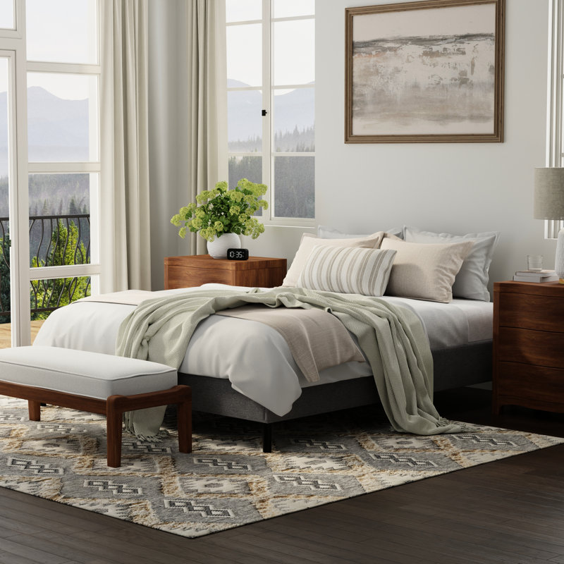 Queen Bed Frame Foundation In Black And Gray Upholstered Design, Supports Heavy Loads, Easy Assembly Standard For Restorative Sleep, 1000 Lbs, 60 Wide