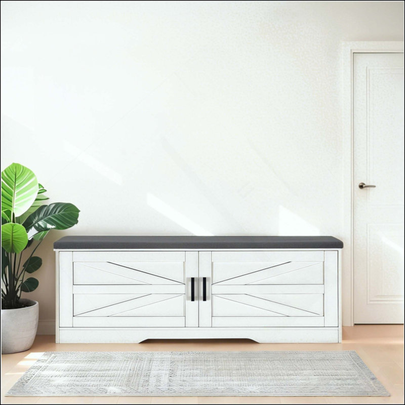 Banc de rangement à 2 niveaux, banc à chaussures de ferme avec coussin de siège rembourré, banc d'entrée avec 2 portes de grange et 2 tablettes réglables, pour le vestibule, la chambre à coucher, le salon