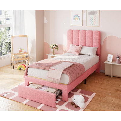 Structure de lit simple tapissier avec tiroir de rangement et tête de lit, plateforme à profil bas pour enfants