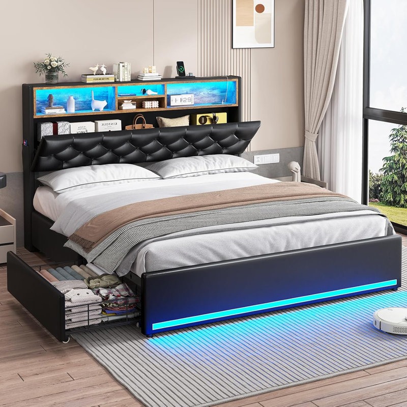 Lit plateforme tapissier avec rangement, Double, Noir