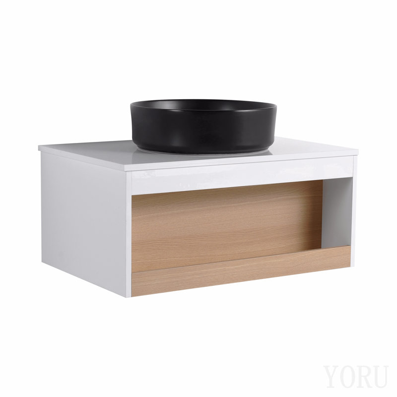 Meuble-lavabo flottant de 30 po avec lavabo vasque rond noir mat, meuble-lavabo mural avec tablette ouverte, finition blanche avec comptoir durable, conception moderne peu encombrante (livré dans 2 boîtes)