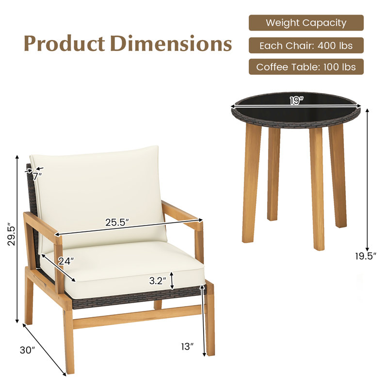Ensemble de 3 chaises de patio en osier et table d'appoint Corrigan Studio® avec plateau en verre trempé