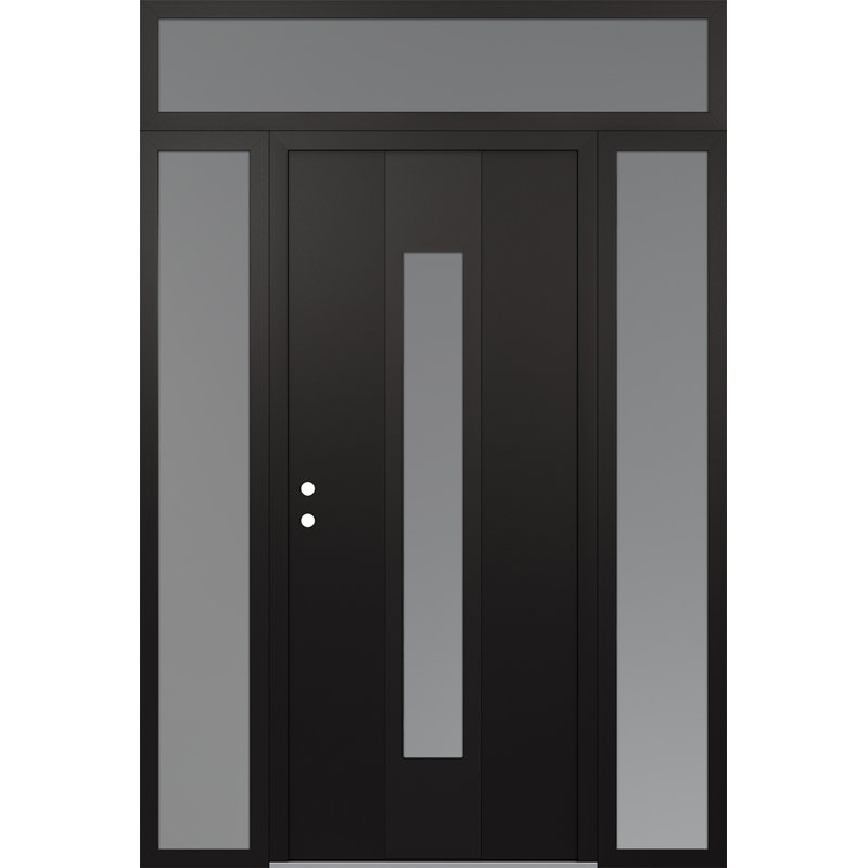 Porte d'entrée pré-suspendue en acier noir à panneau droit avec deux côtés et une traverse, L 61,06 po x H 95,69 po