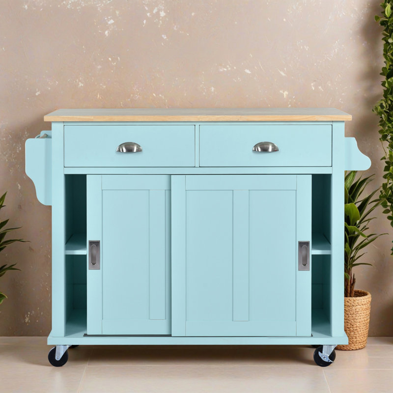 Îlot de cuisine mobile de 52,22 po avec plateau en bois massif, armoire de rangement et plateau rabattable, support à épices, porte-serviettes pour la cuisine, la salle à manger