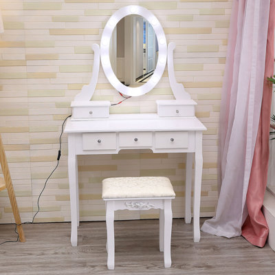 Makeup Vanity Modern Vanity Set with Lighted Mirror and Cushioned Stool Make Up Table with 5 Drawers for Bedroom Dressing Table for Kids  White