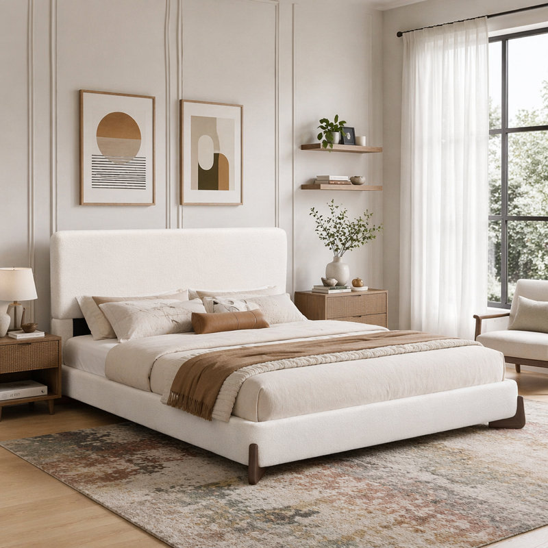 Lit tapissier, White Fabric+Dark Brown Legs, Queen