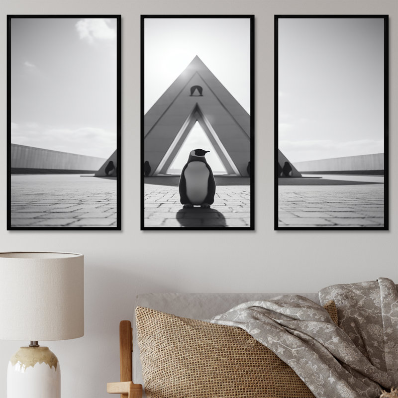 Photo de pingouin noir et blanc - art mural pingouin, H 40 po x l 61 po, Cadre flottant brun