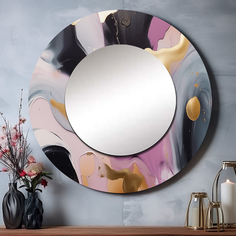 Orvie rose et or marbre symphonie I - miroir en marbre, miroir mural rond unique moderne, art imprimé en métal, 23 po x 23 po