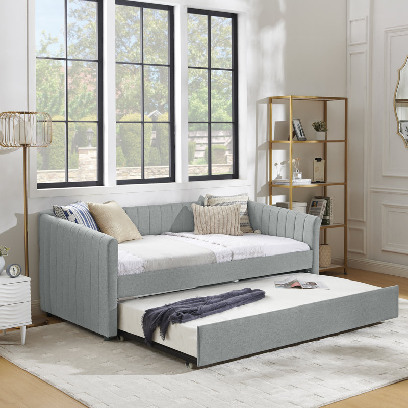 Lit de jour rembourré confortable avec lit gigogne, idéal pour la détente et l'espace de couchage supplémentaire, avec tissu en lin et rayures verticales