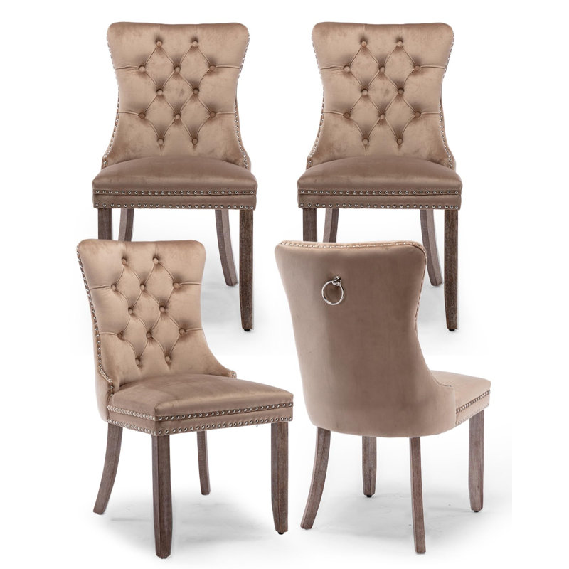 Dining Chairs, Upholstered High-end Tufted Dining Room Chair with Nailhead Back Ring, Khaki Velvet, Brown, 4
